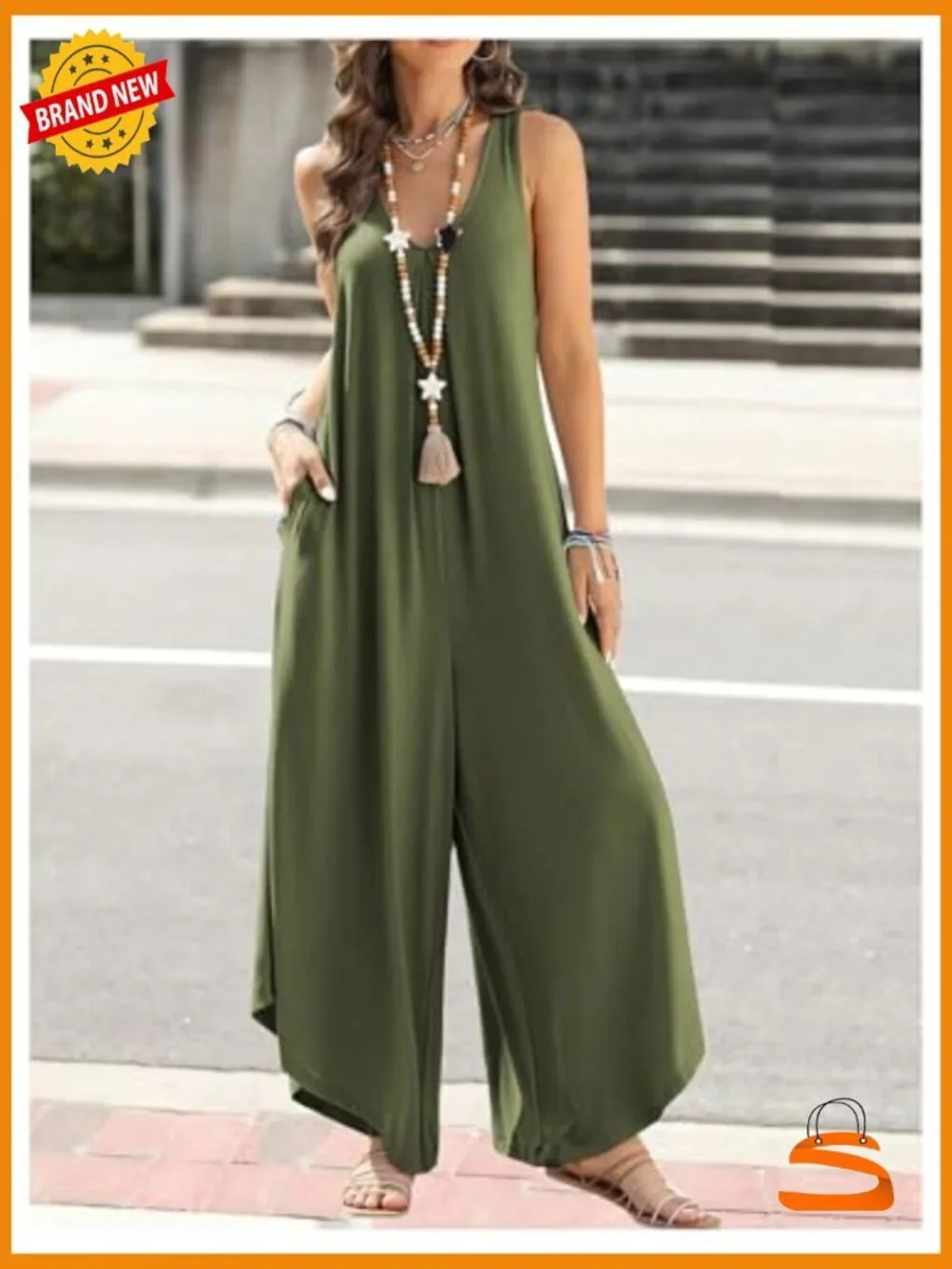Wide Leg Linen Jumpsuit Sleeveless V Neck Pockets Romper